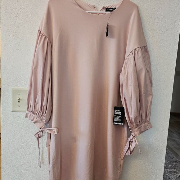 Express Tie Balloon Sleeve Ponte Shift Dress Pink Size L New With Tags - Picture 2 of 8